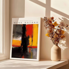 Mark Rothko Style Bold Black and Yellow Abstract Canvas Art Print displayed on a windowsill with a vase of flowers.