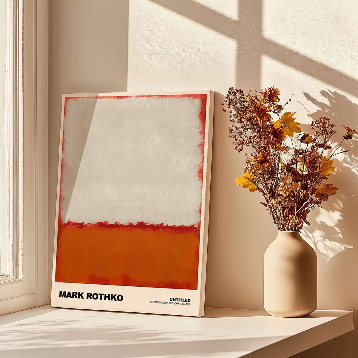 Mark Rothko Untitled 1969 Abstract Expressionism Poster White Orange Color Field Print displayed on a table with flowers.
