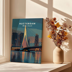 Rotterdam travel poster canvas print on windowsill with vase of dried flowers, city skyline wall art