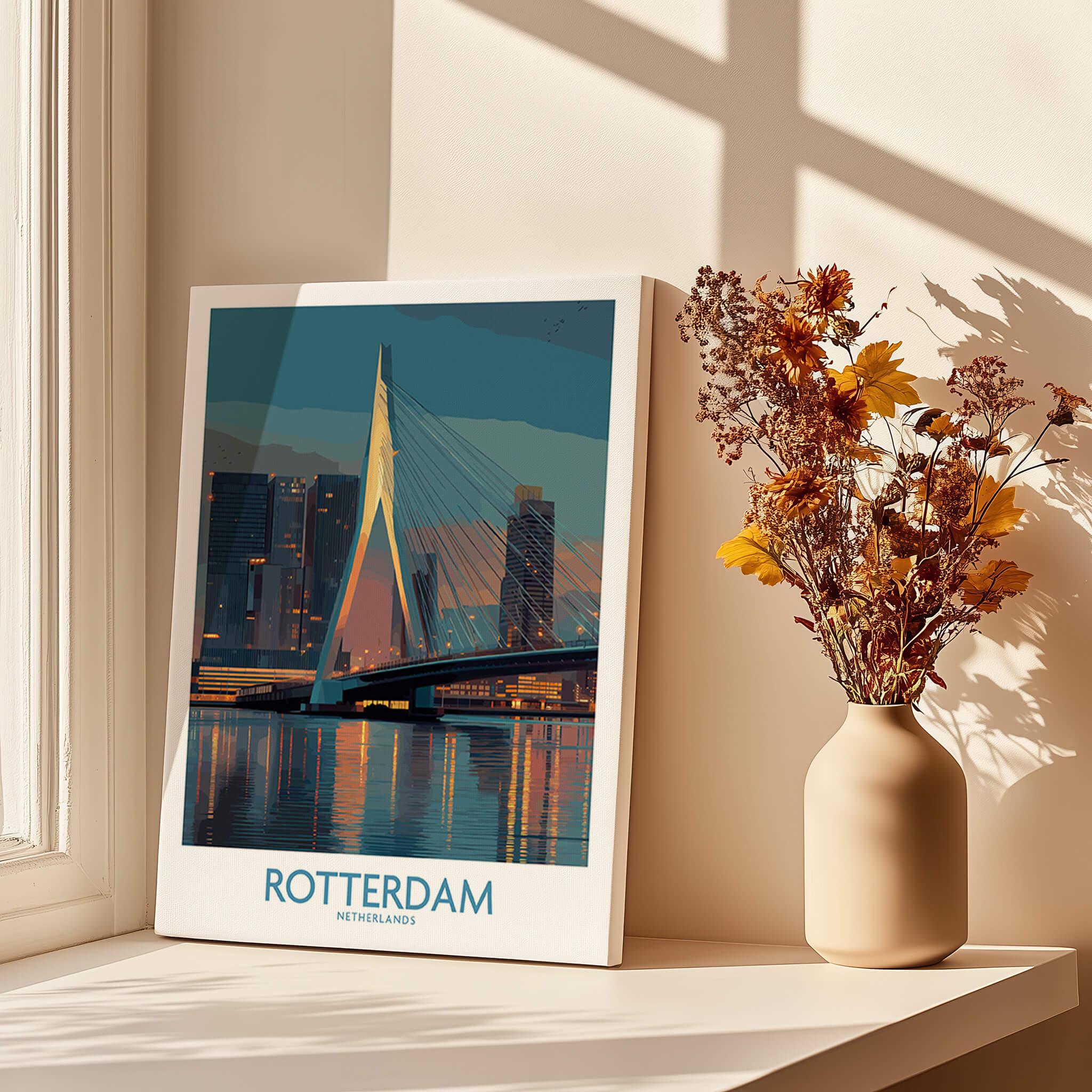 Rotterdam city skyline art print on windowsill with vase of dried flowers in natural light