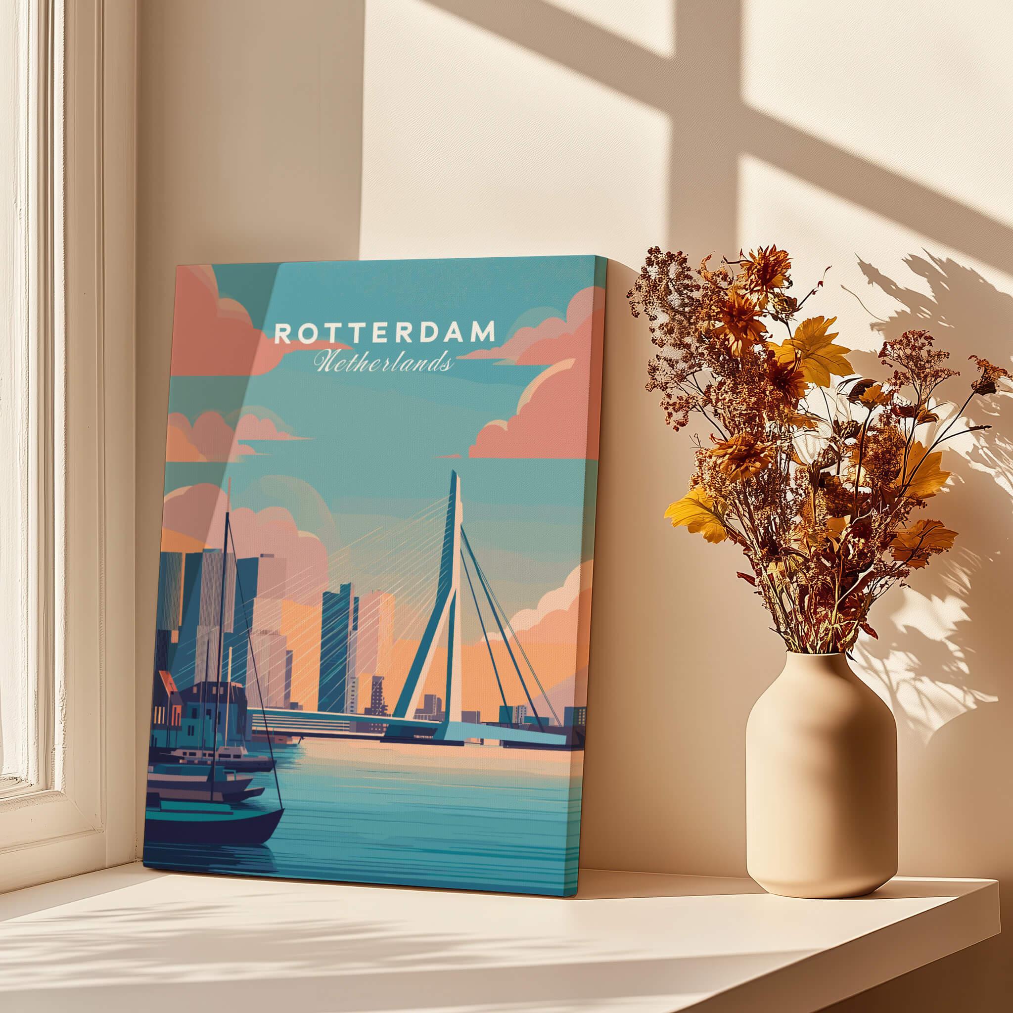Rotterdam travel poster canvas on windowsill with city skyline art and vase of dried flowers