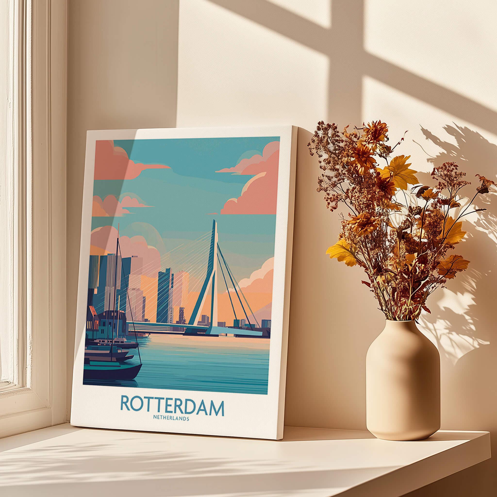 Rotterdam cityscape canvas wall art on windowsill with vase of dried flowers and soft shadows