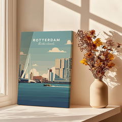 Rotterdam city skyline art print on window sill with shadows and vase of dried flowers