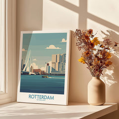 Rotterdam city skyline art print on windowsill with vase of dried flowers and shadows