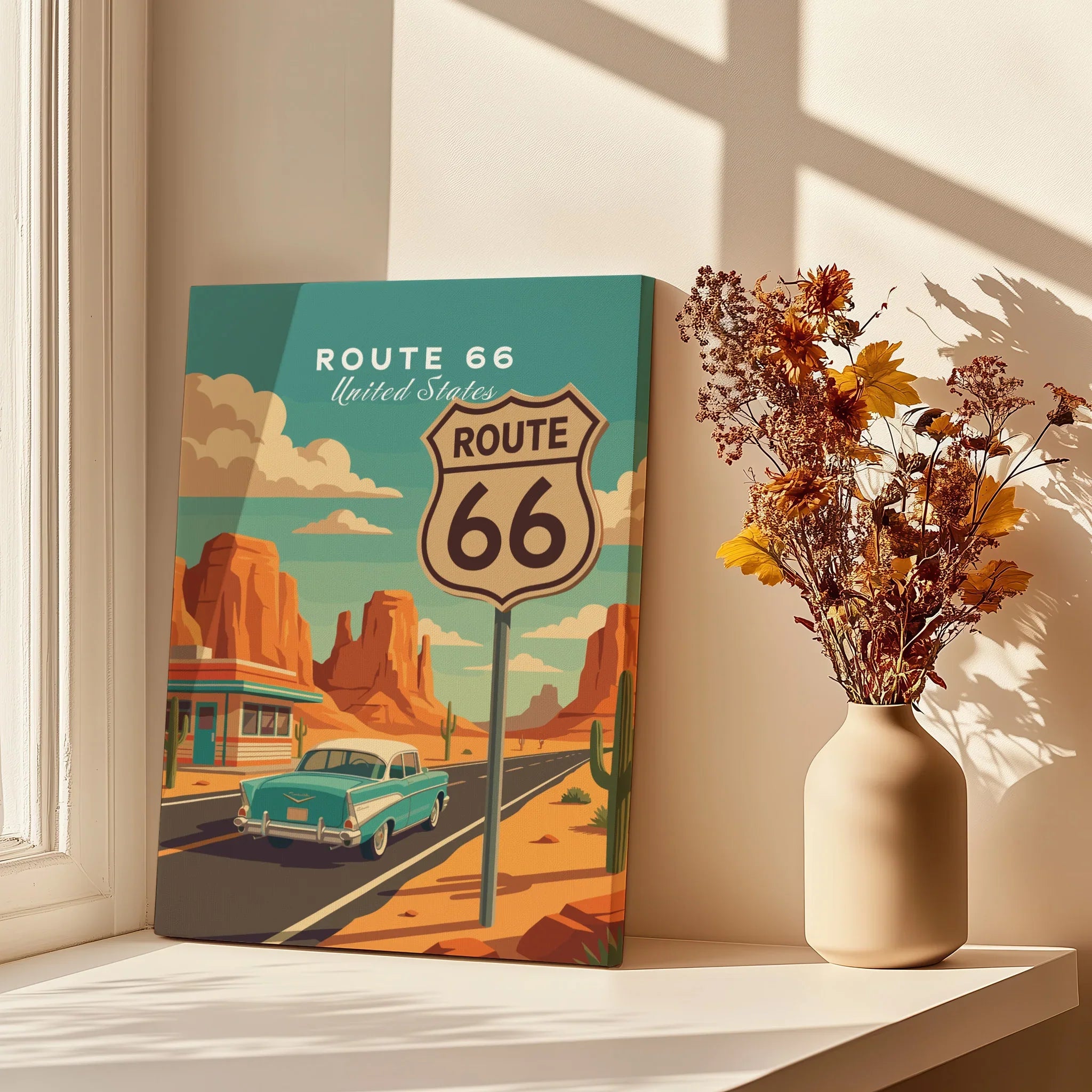 Route 66 travel poster canvas print by window with dried flowers and sunlight shadows
