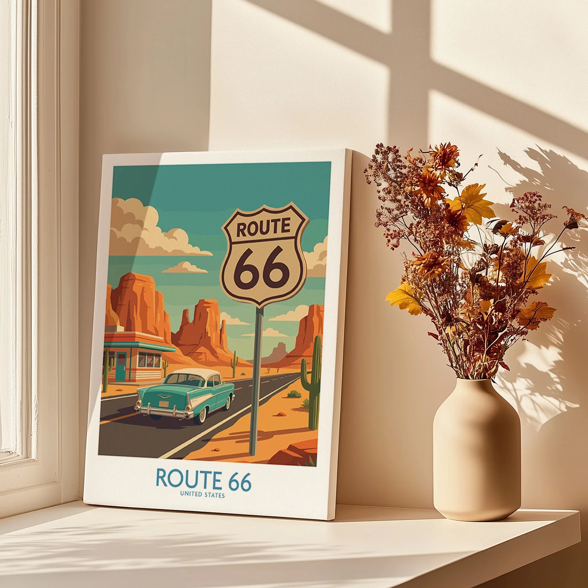 Route 66 travel poster in a sunny window setting with vase of dried flowers, desert art print