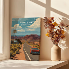 Route 66 travel poster canvas print by window with vase of dried flowers, wall art decor