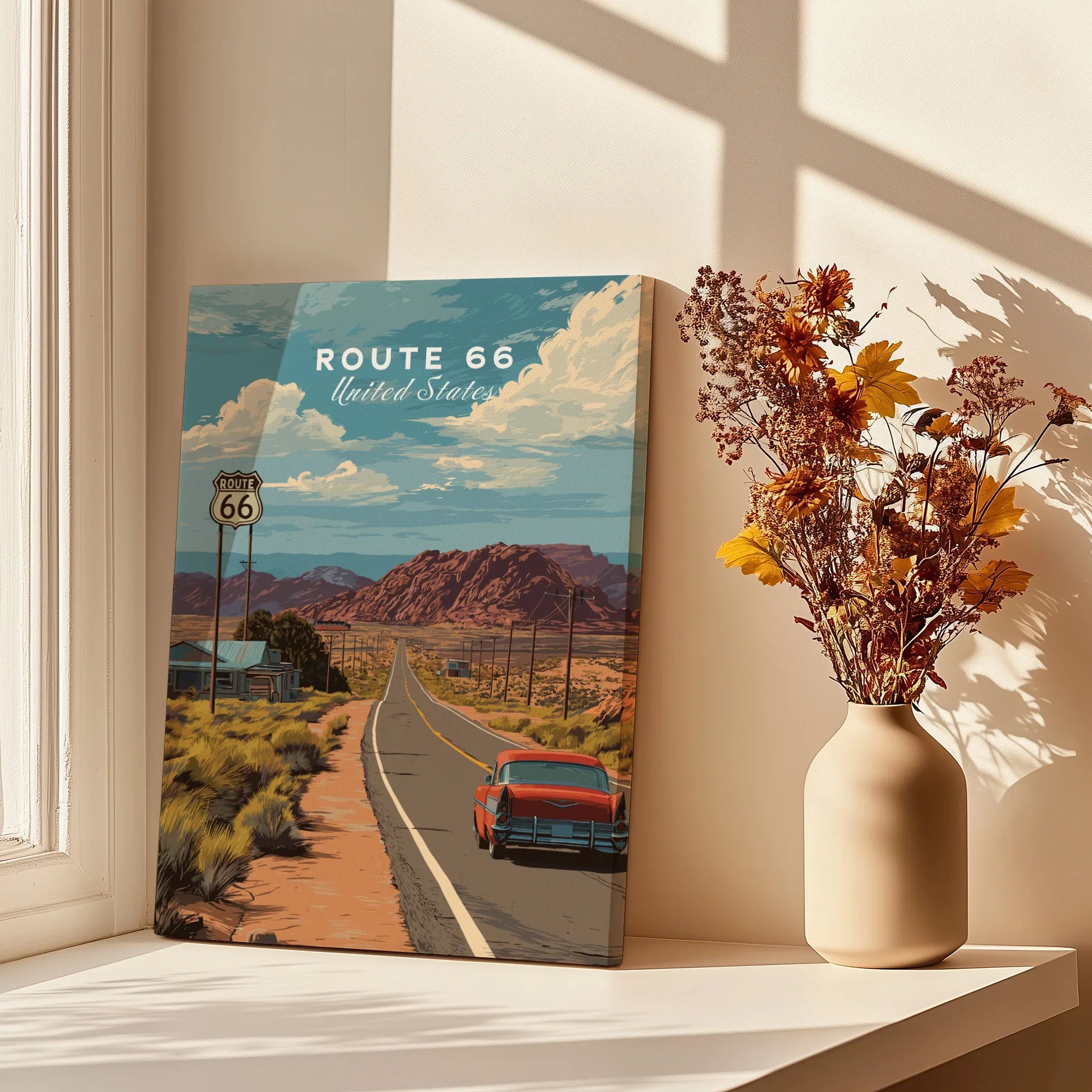 Route 66 travel poster canvas print by window with vase of dried flowers, wall art decor