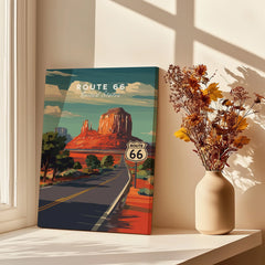 Route 66 travel poster canvas print on windowsill with vase of dried flowers in sunlight