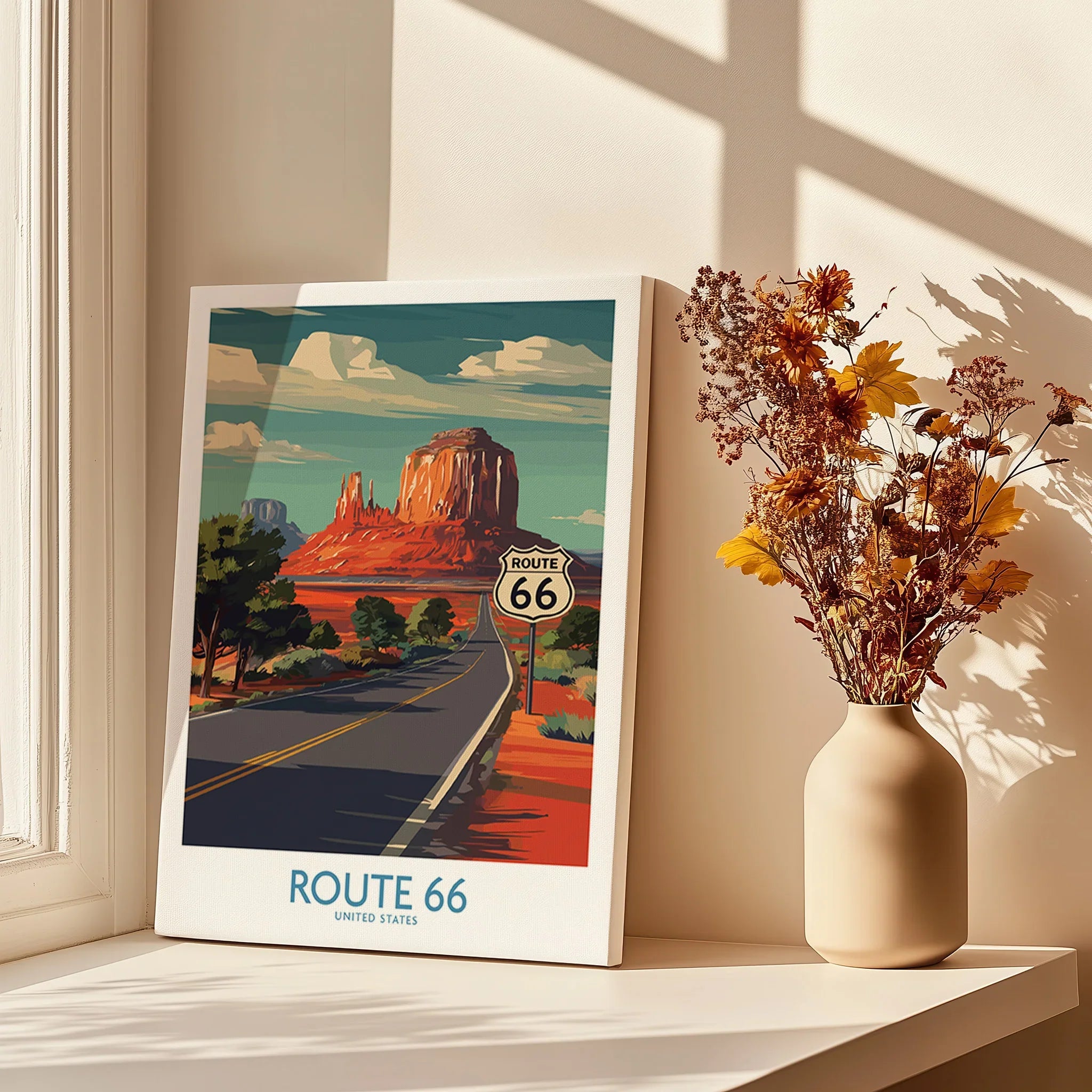 Route 66 travel poster print with desert landscape on a windowsill beside dried flowers in sunlight