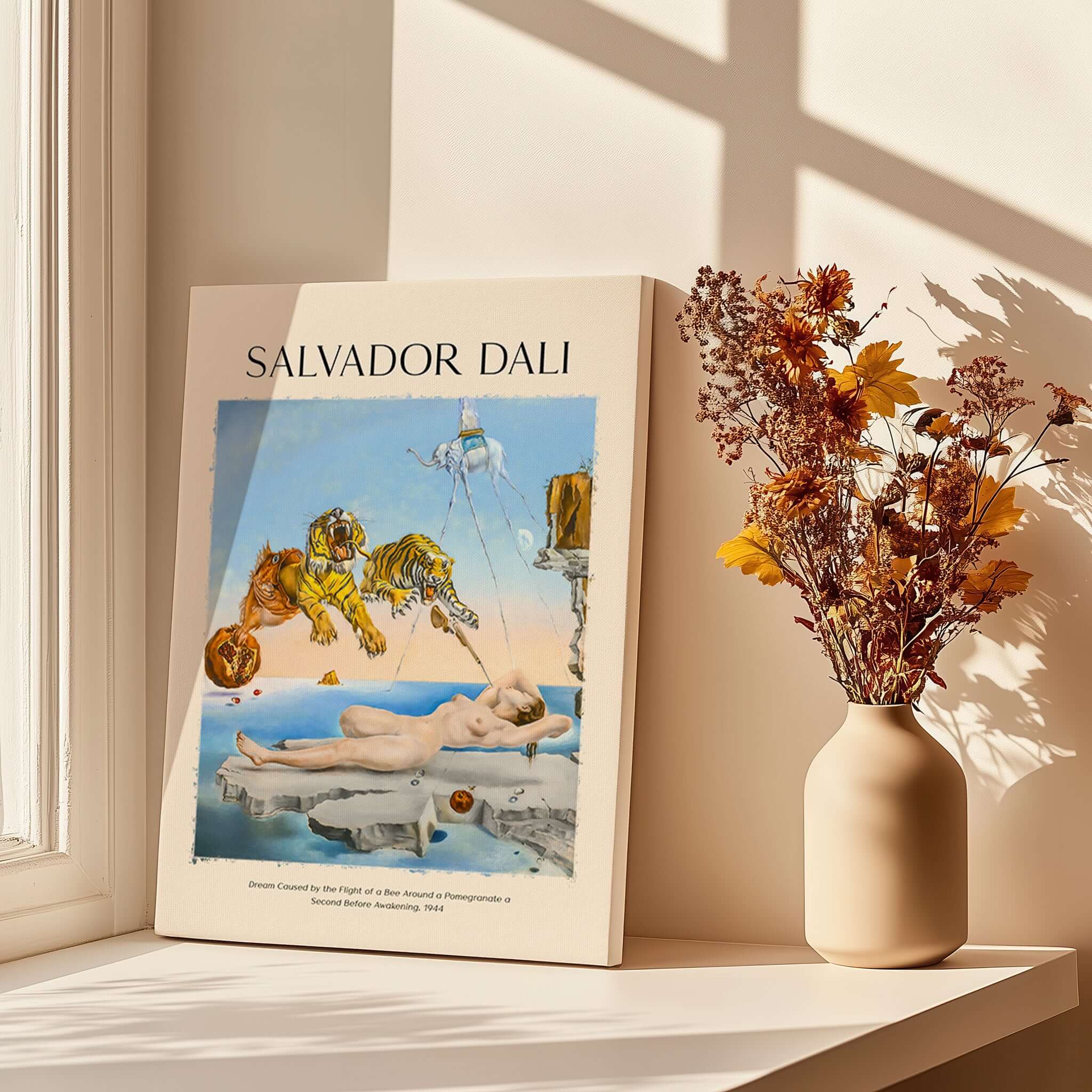 Salvador Dali Dream Caused by the Flight of a Bee Pomegranate Surrealism Art Print Poster Tigers displayed on a table.