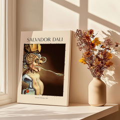 Salvador Dali Portrait of Picasso 1947 Surrealist Art Print Grotesque Poster displayed on a sunny window sill.