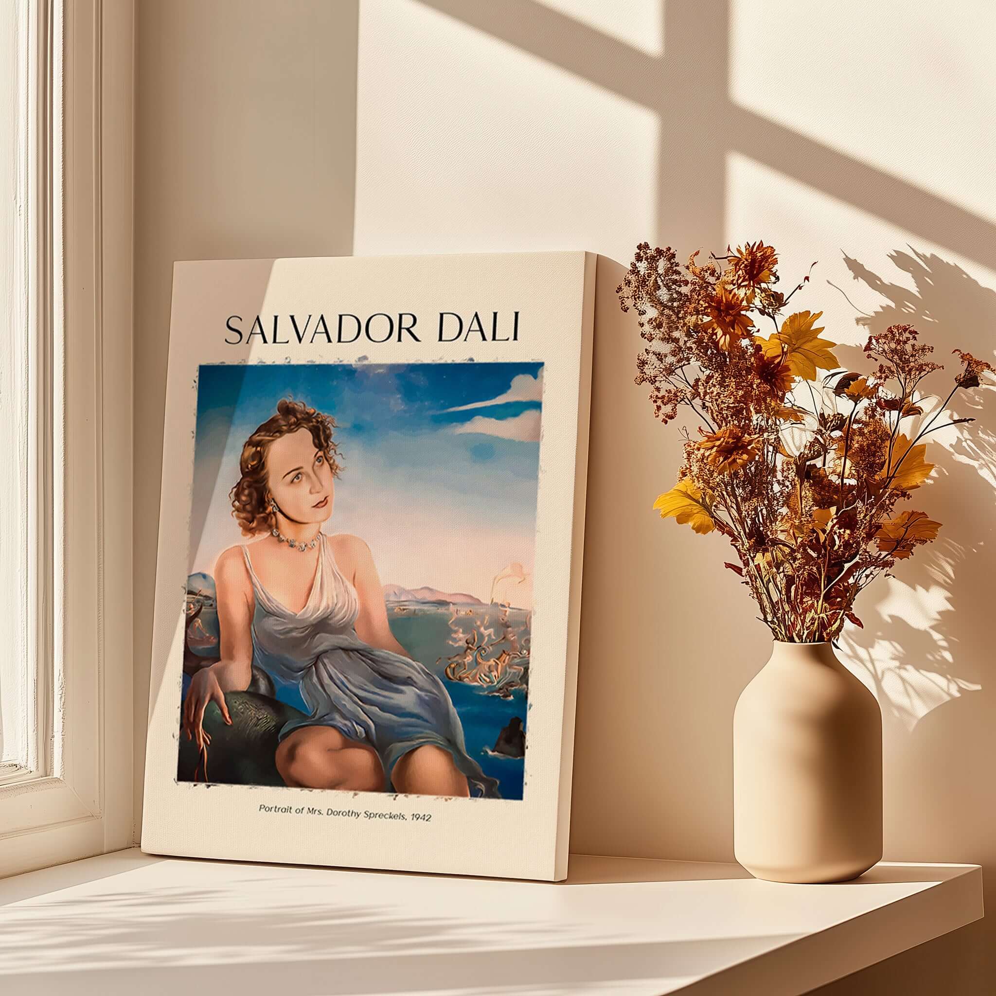 Salvador Dali Portrait Mrs Dorothy Spreckels 1942 Surrealist Seascape Art Print Poster displayed in bright room setting.