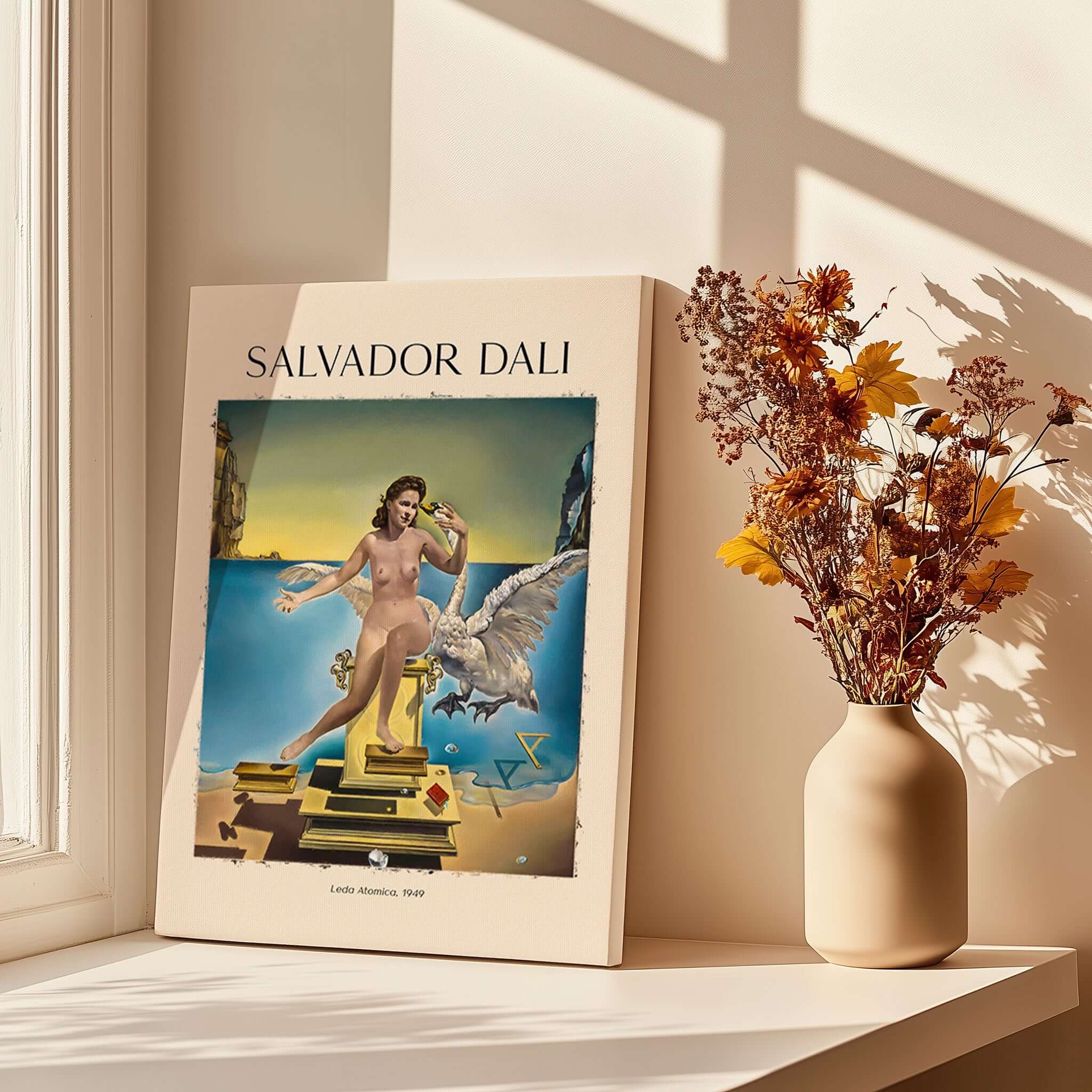 Salvador Dali Leda Atomica 1949 Surrealist Mythology Art Print Swan Poster Nuclear Mysticism displayed in a sunlit room.
