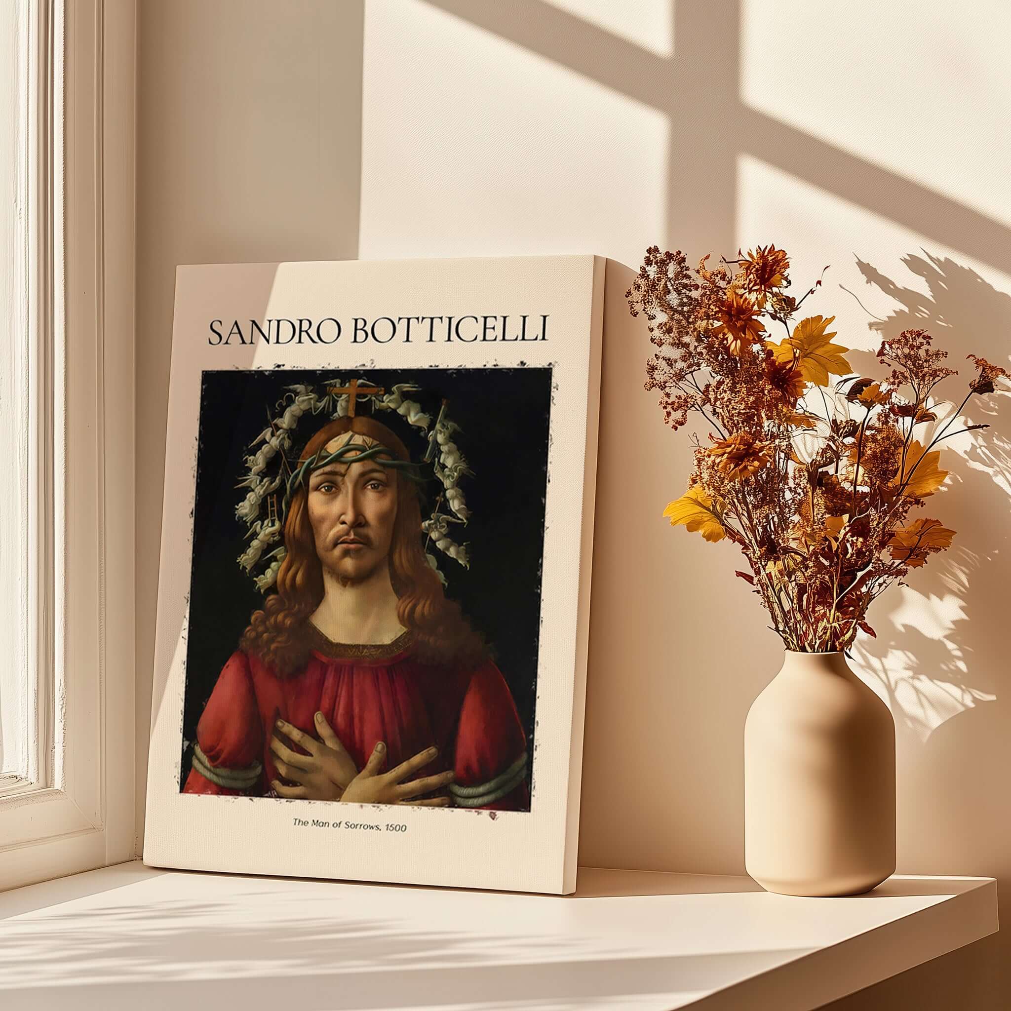 Botticelli Man of Sorrows Christ Art Print Religious Renaissance Painting Poster displayed on a table.
