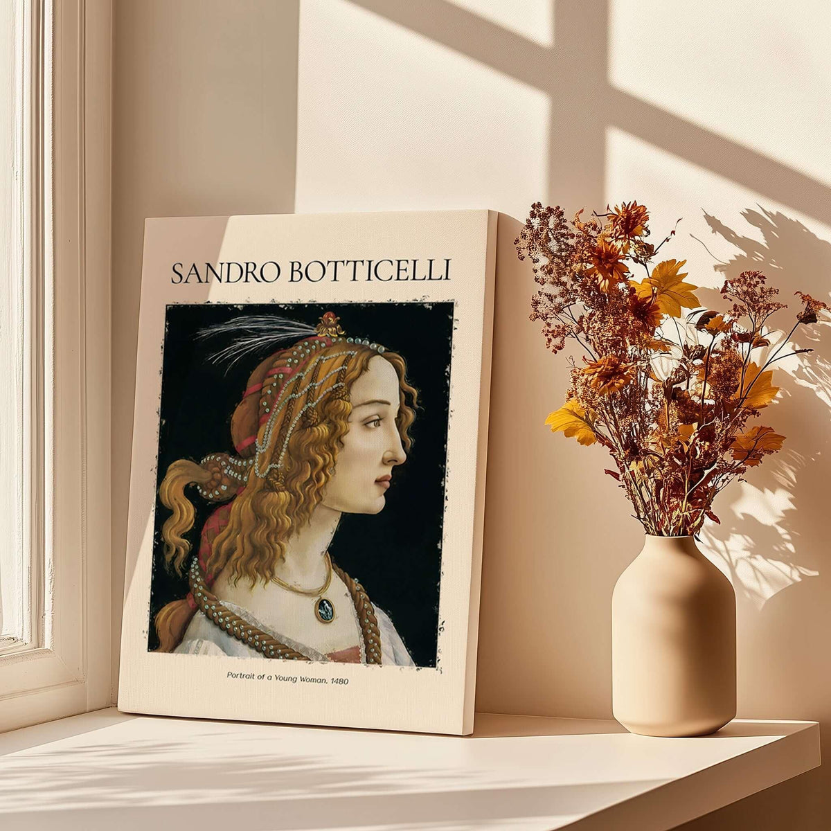 Botticelli Portrait of a Young Woman Simonetta Vespucci Art Print Renaissance Poster displayed beside flowers.