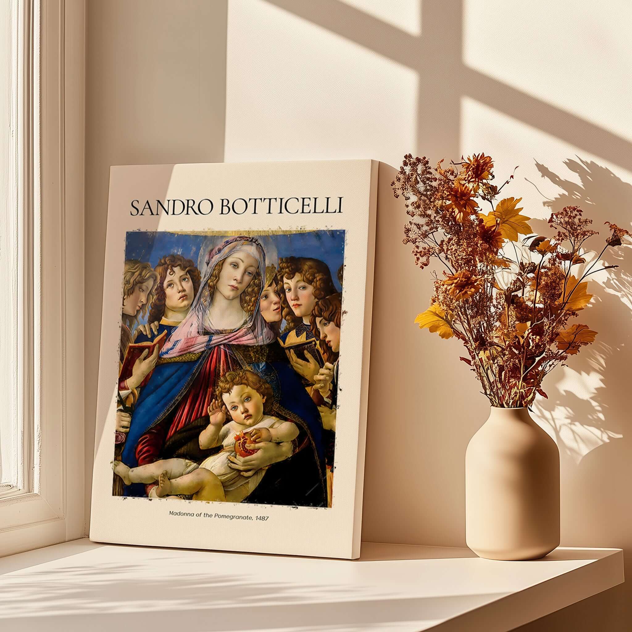 Botticelli Madonna of the Pomegranate Art Print Religious Virgin Mary Child Poster Angels displayed in a sunlit room.