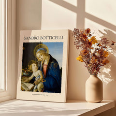 Botticelli Madonna of the Book Art Print Virgin Mary Child Religious Poster Wall Art displayed on a windowsill.