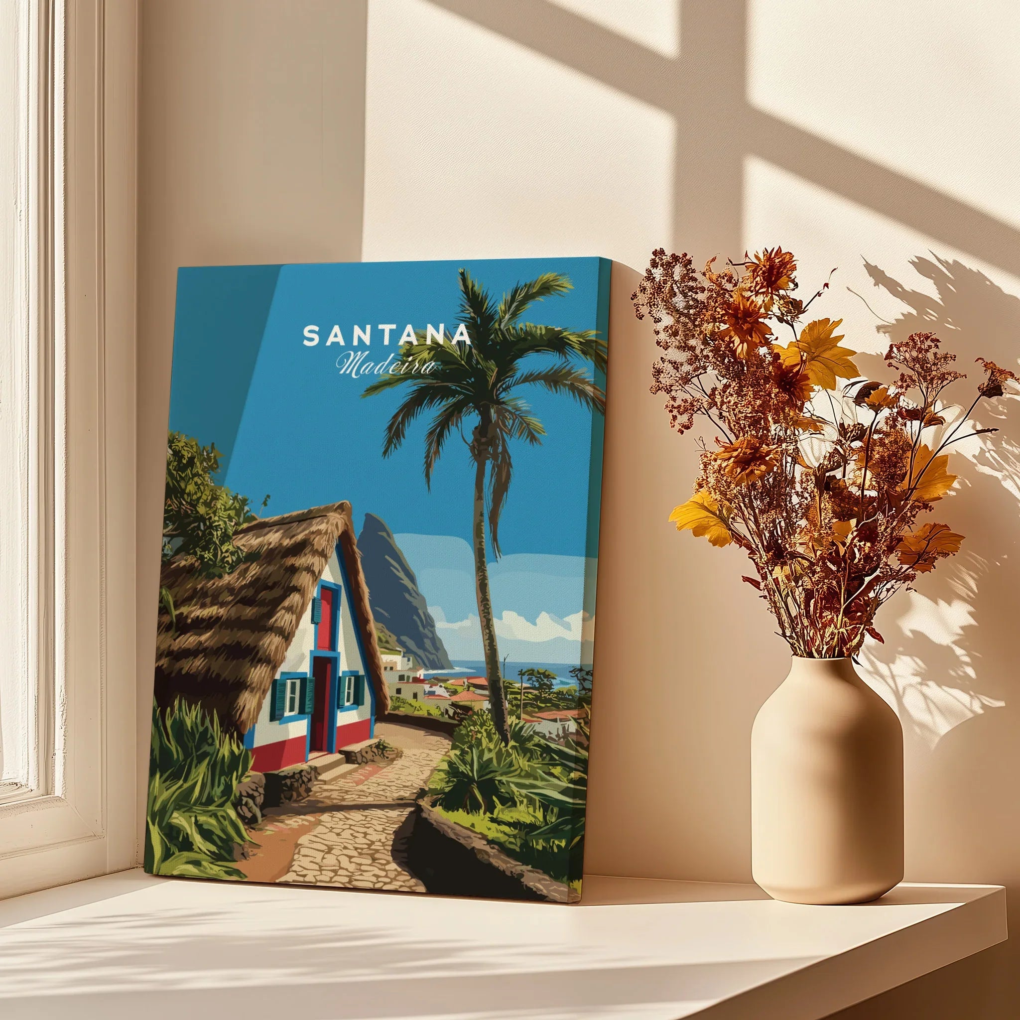 Santana Madeira travel poster canvas print with palm trees, cottage, and coastal view by a window