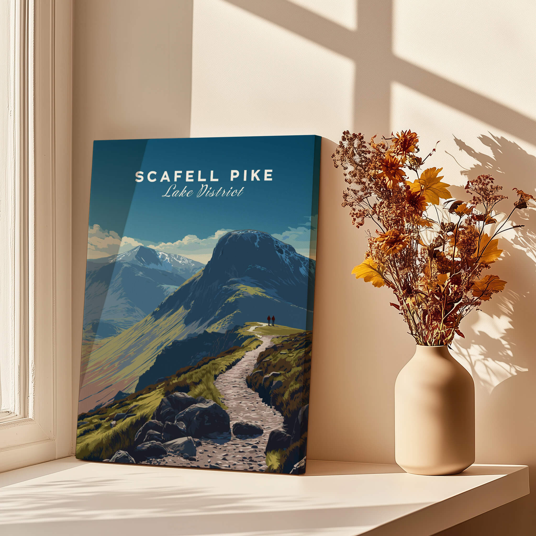 Scafell Pike Lake District Wall Art Print | English Mountain Peak Travel Poster showcasing a scenic hiking trail and mountain landscape.