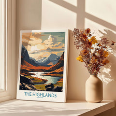 The Highlands Wall Art | Modern Style showcasing vibrant colors of Scotland's Highlands, displayed near a vase of flowers.