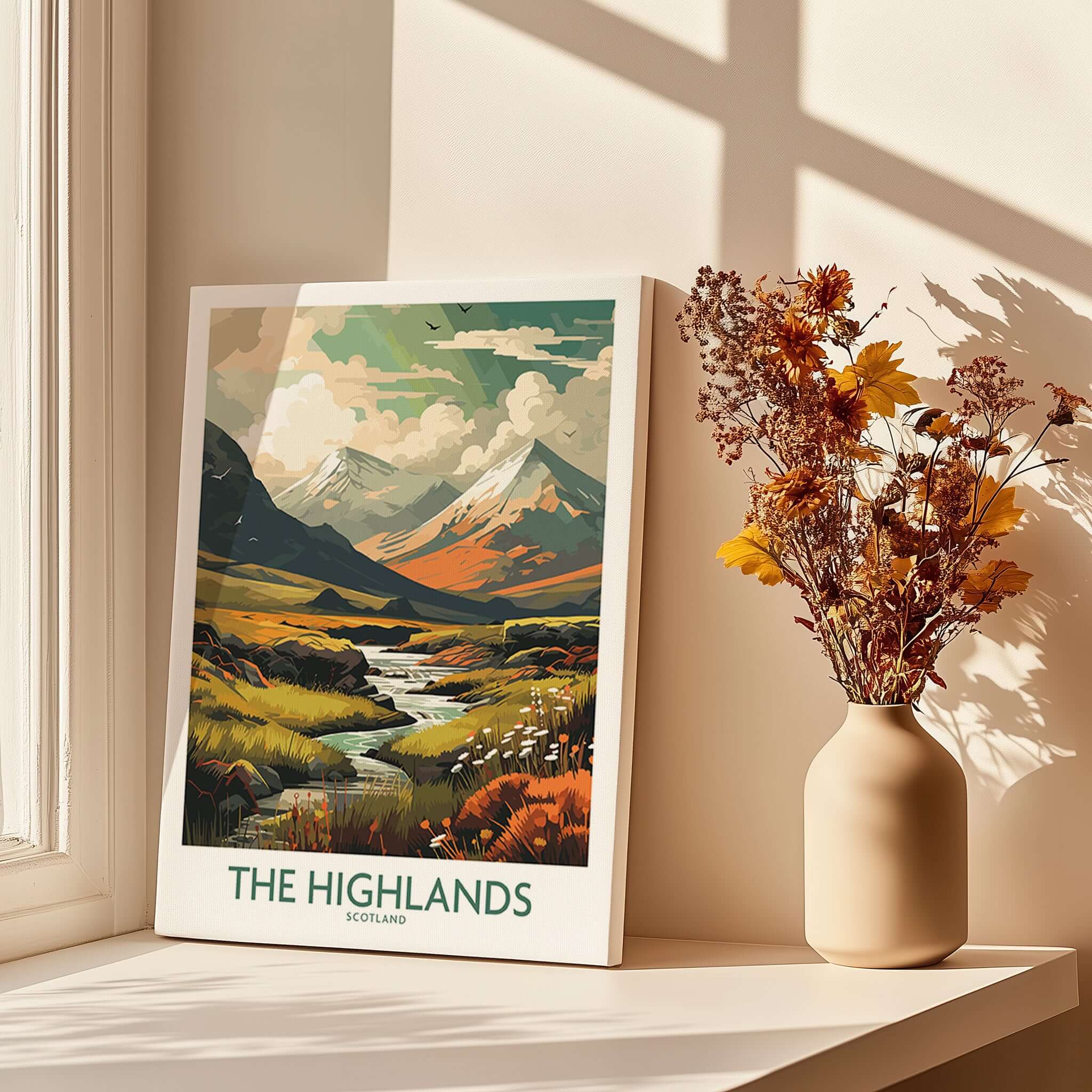 Scottish Highlands Art Print | Modern Style featuring a picturesque landscape of mountains and valleys in vibrant colors.