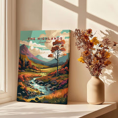 Scottish Highlands Wall Art featuring vibrant scenery with mountains and a river in a stylish home decor setting.