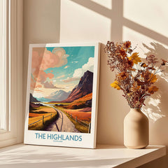 The Highlands Scotland Wall Art featuring vibrant scenery and colors, perfect for home or office decor.