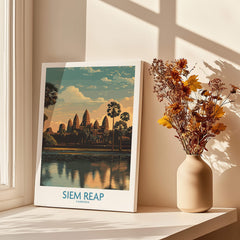 Siem Reap Canvas Print | Cambodia Khmer Poster showcasing the ancient temples of Siem Reap with reflection in water.