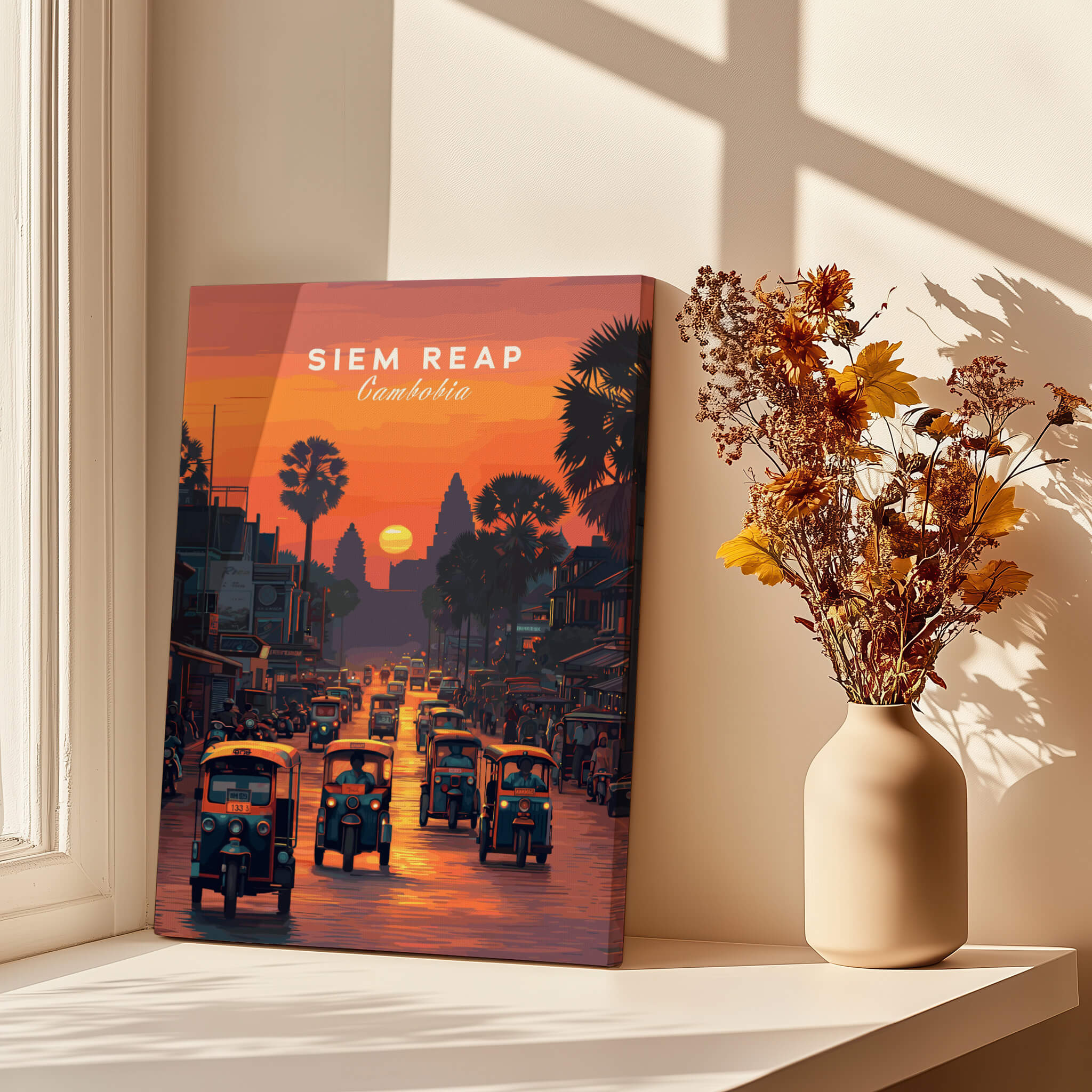 Siem Reap Wall Art Print | Cambodia Sunset Street Scene Travel Poster featuring sunset over street with tuktuks.