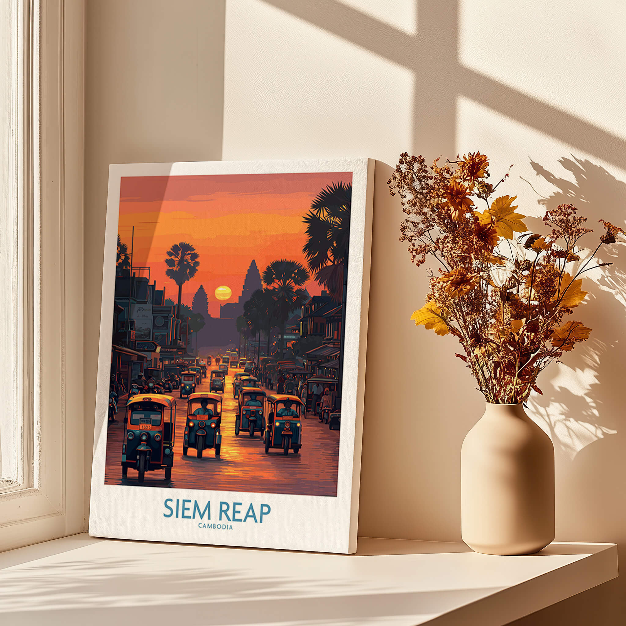 Siem Reap Poster | Bustling Tuk Tuk Cambodia Cityscape Canvas Print displayed in a bright room with a vase of flowers.