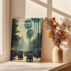 Siem Reap Cambodia Travel Poster | Tropical Town Street Wall Art Print featuring tuk-tuks under palm trees.