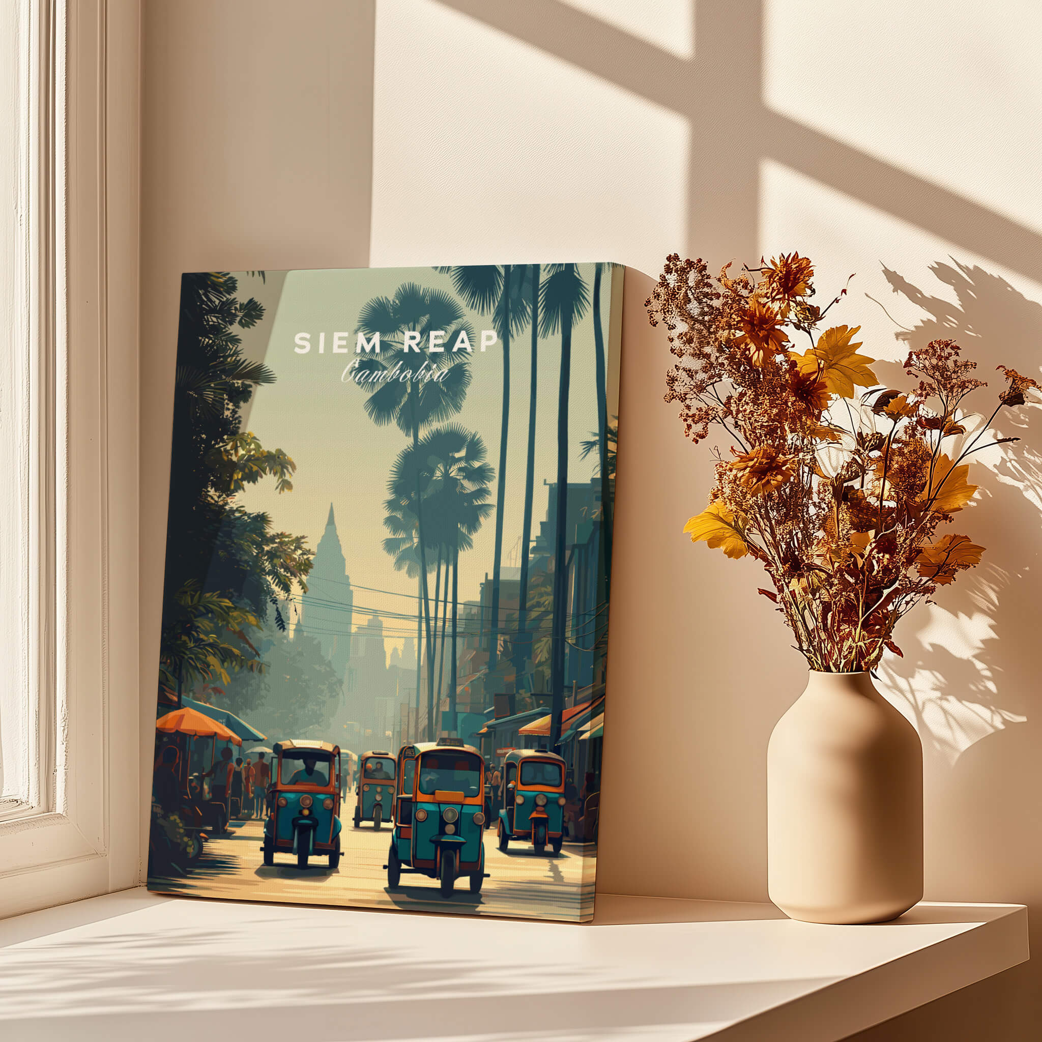 Siem Reap Cambodia Travel Poster | Tropical Town Street Wall Art Print featuring tuk-tuks under palm trees.