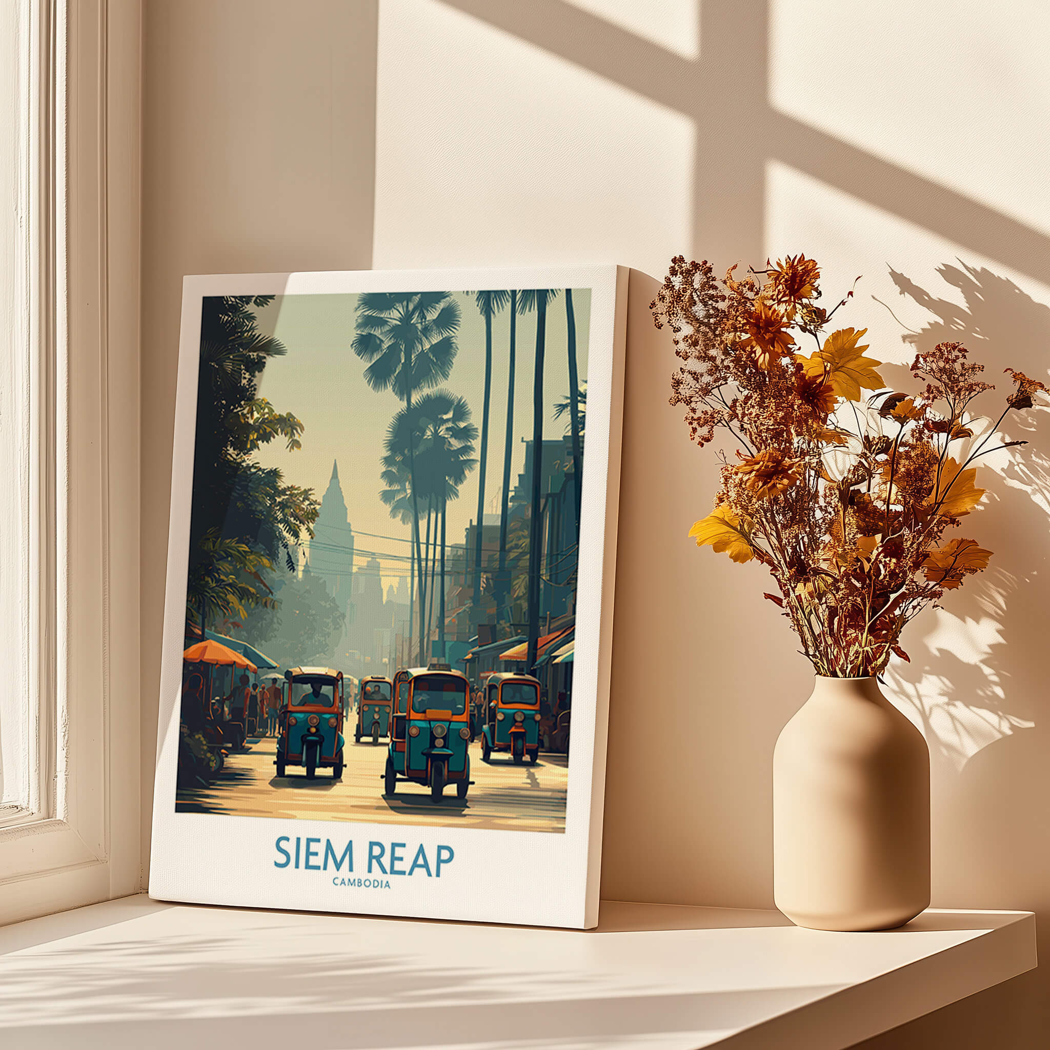 Siem Reap Cambodia Print | Canvas Poster showcasing vibrant street scenes and tuk tuks in Cambodias urban life.