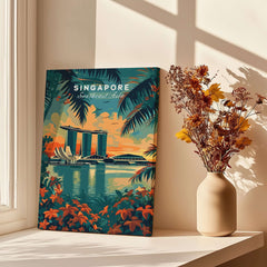 Singapore Wall Art Print - Southeast Asia Travel Poster showcasing Marina Bay Sands with colorful tropical foliage.