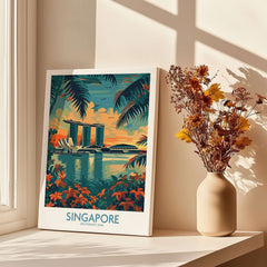 Singapore Travel Poster - Southeast Asia featuring Marina Bay Sands surrounded by tropical plants and warm colors.