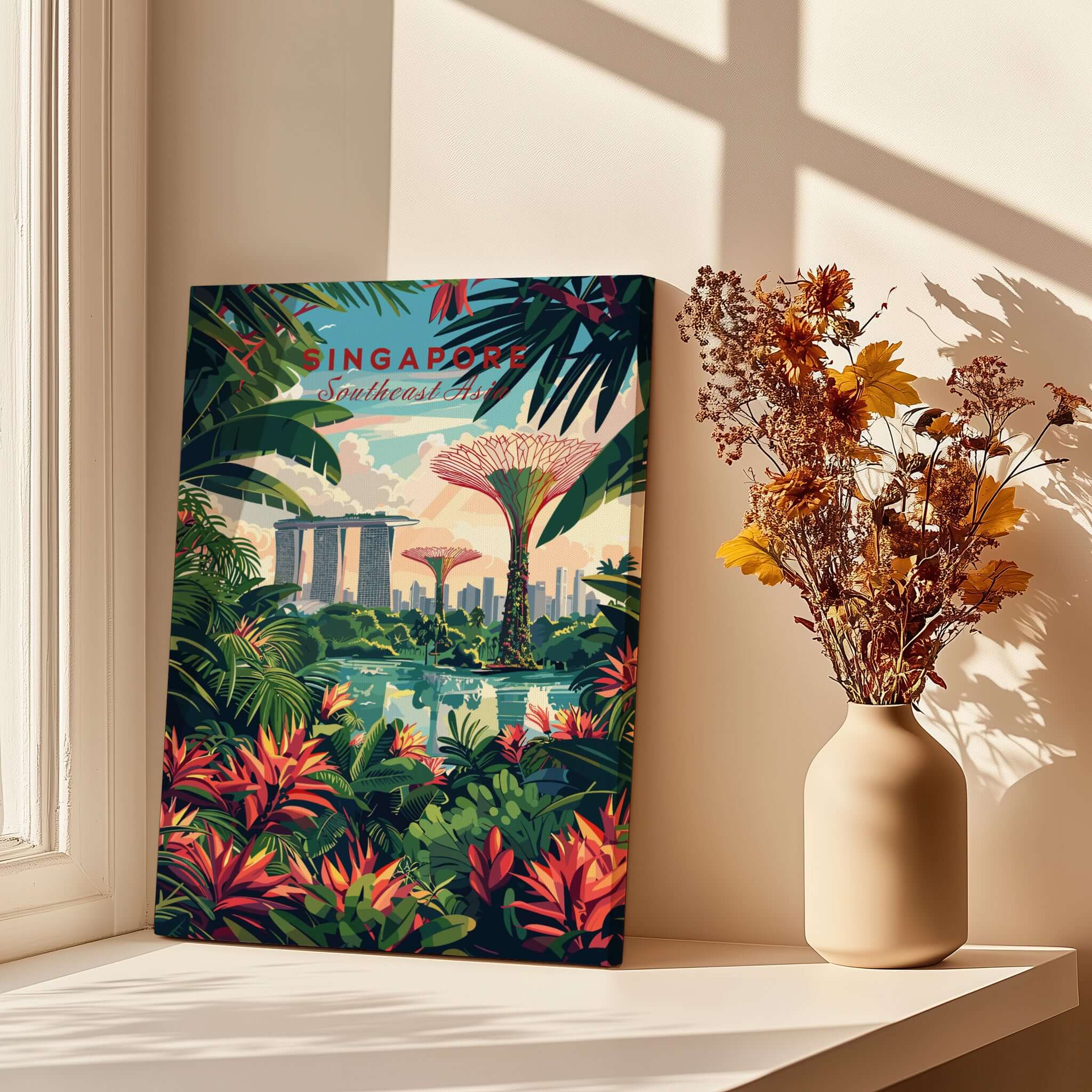 Singapore Marina Bay Poster featuring lush greenery and iconic skyline in vibrant colors.