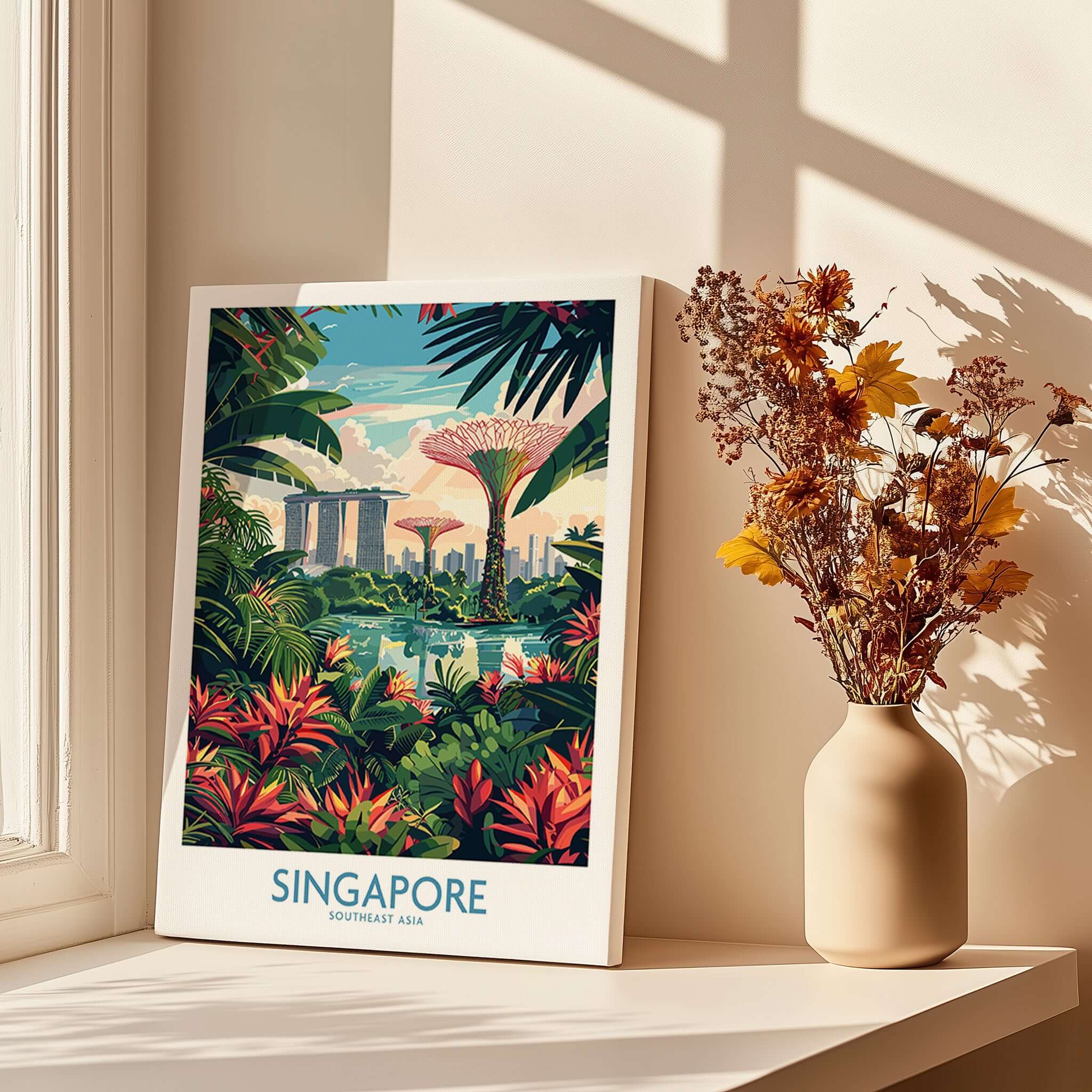 Singapore Gardens by the Bay Poster showcasing vibrant nature and iconic landscape of Singapore.