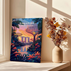 Singapore Poster showcasing Gardens by the Bay, vibrant colors, and lush greenery in a serene home setting.