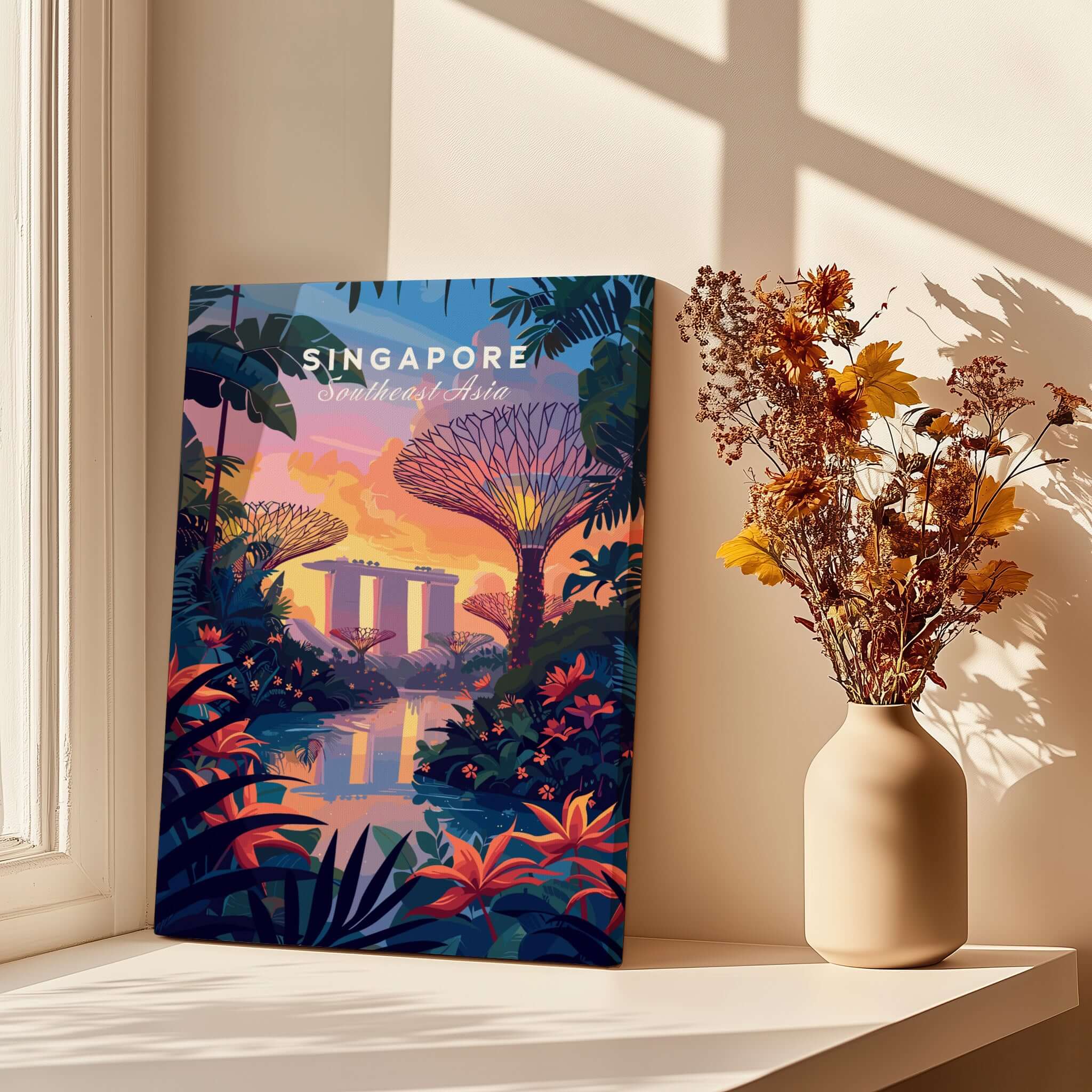 Singapore Poster showcasing Gardens by the Bay, vibrant colors, and lush greenery in a serene home setting.