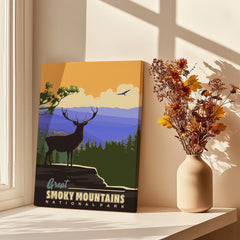 Smoky Mountains National Park canvas print with deer silhouette on windowsill, vase with dried flowers