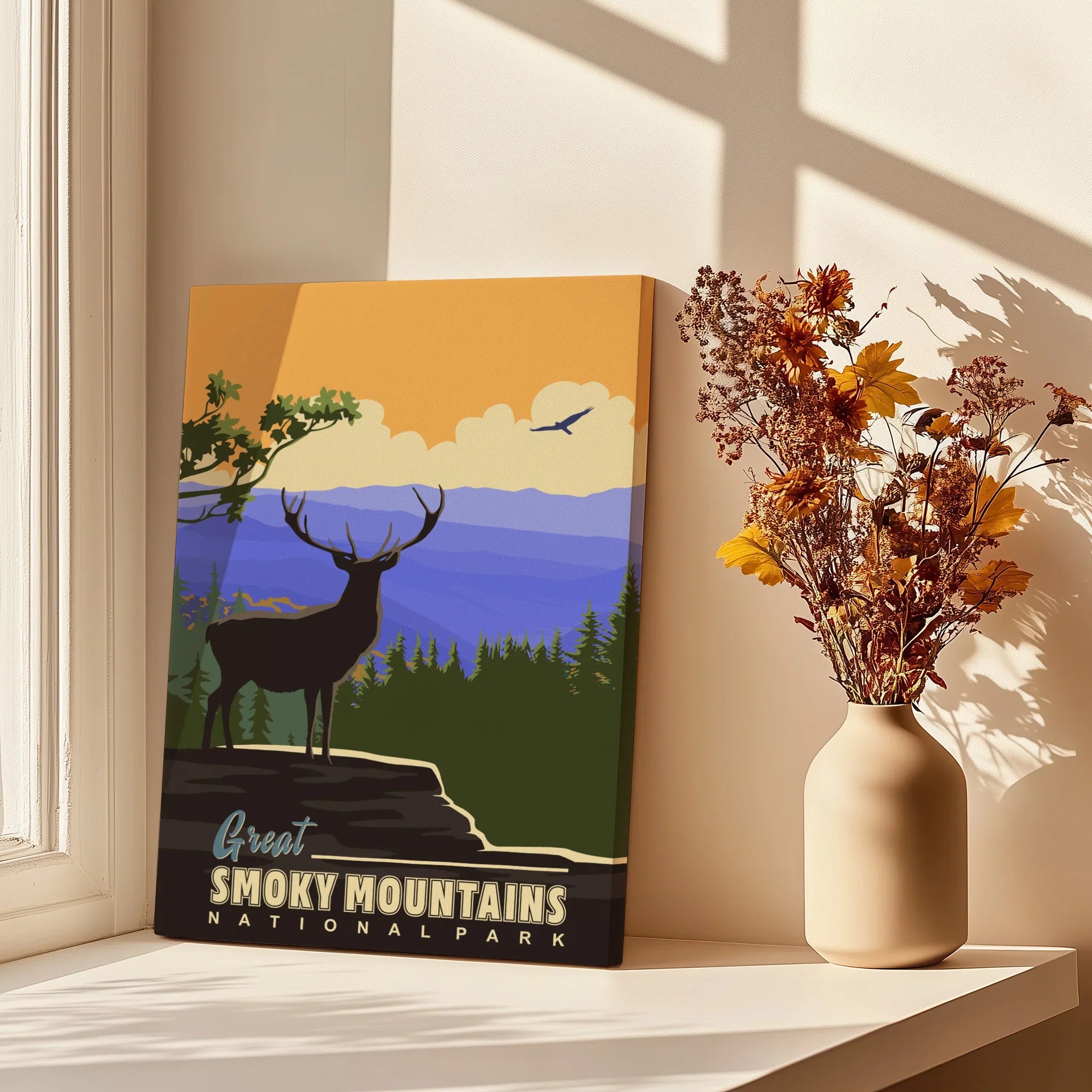 Smoky Mountains National Park canvas print with deer silhouette on windowsill, vase with dried flowers