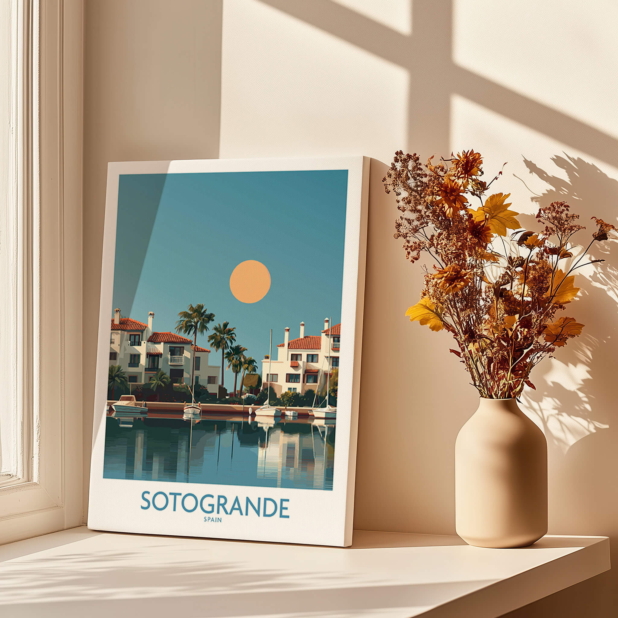 Sotogrande Spain Canvas Print | Mediterranean Waterfront Scenery Poster displayed with flowers in a vase.
