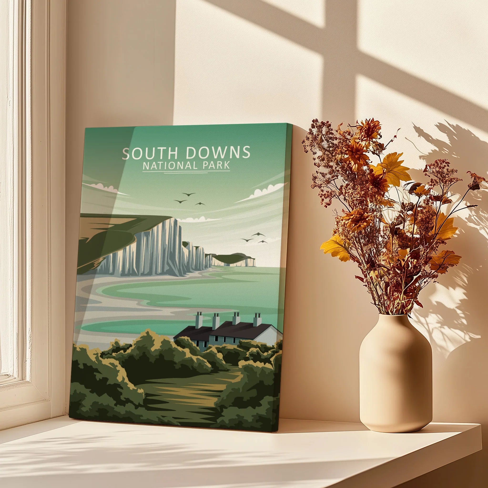 South Downs National Park canvas print on windowsill with vase of dried flowers, wall art decor