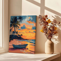 Sri Lanka Sunset Art - Tropical Beach Poster, South Asia Travel Print on a wall with sunlight.