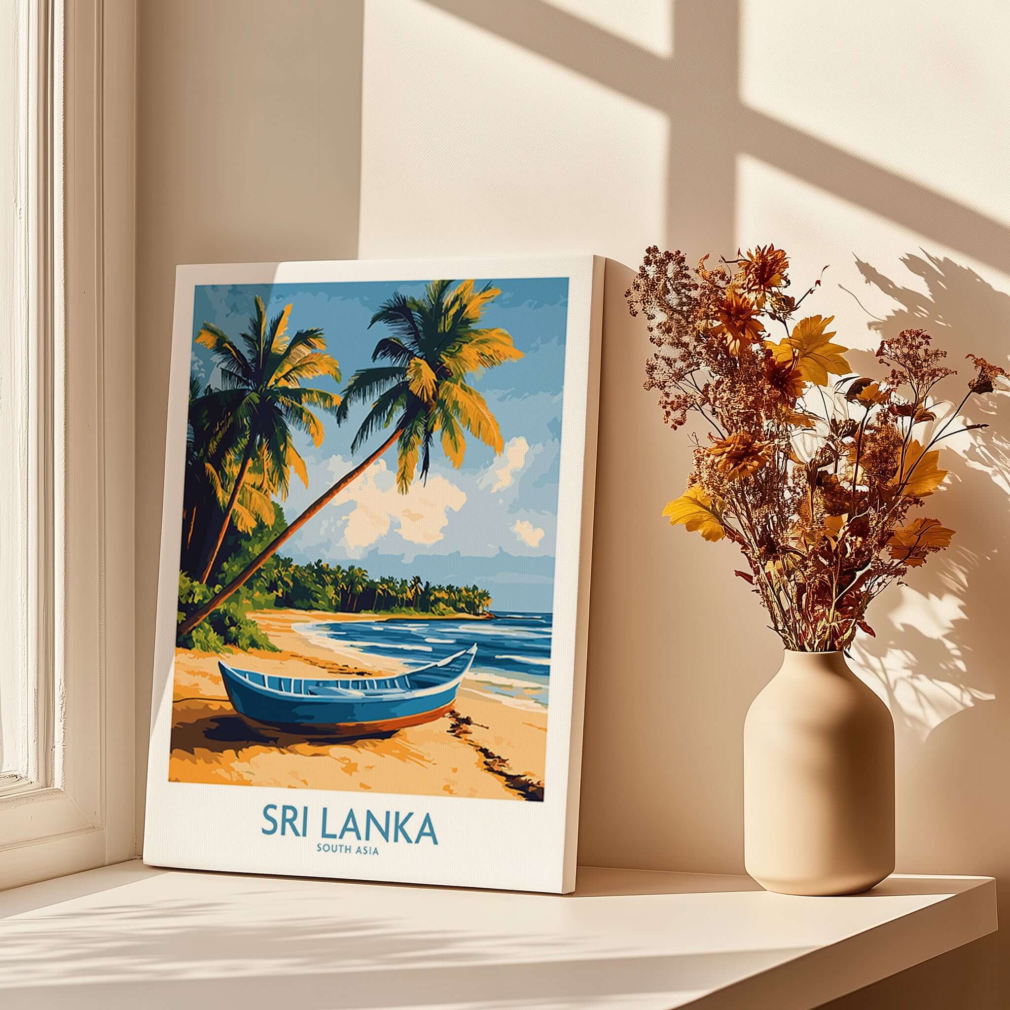 South Asia Travel Poster - Sri Lanka Coastal Print, Island Life Wall Art on a sunny windowsill with vase and flowers.