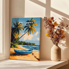 Sri Lanka Beach Scene Art - Tropical Island Print, Palm Tree Wall Decor showcasing a serene beach with a boat and palm trees.