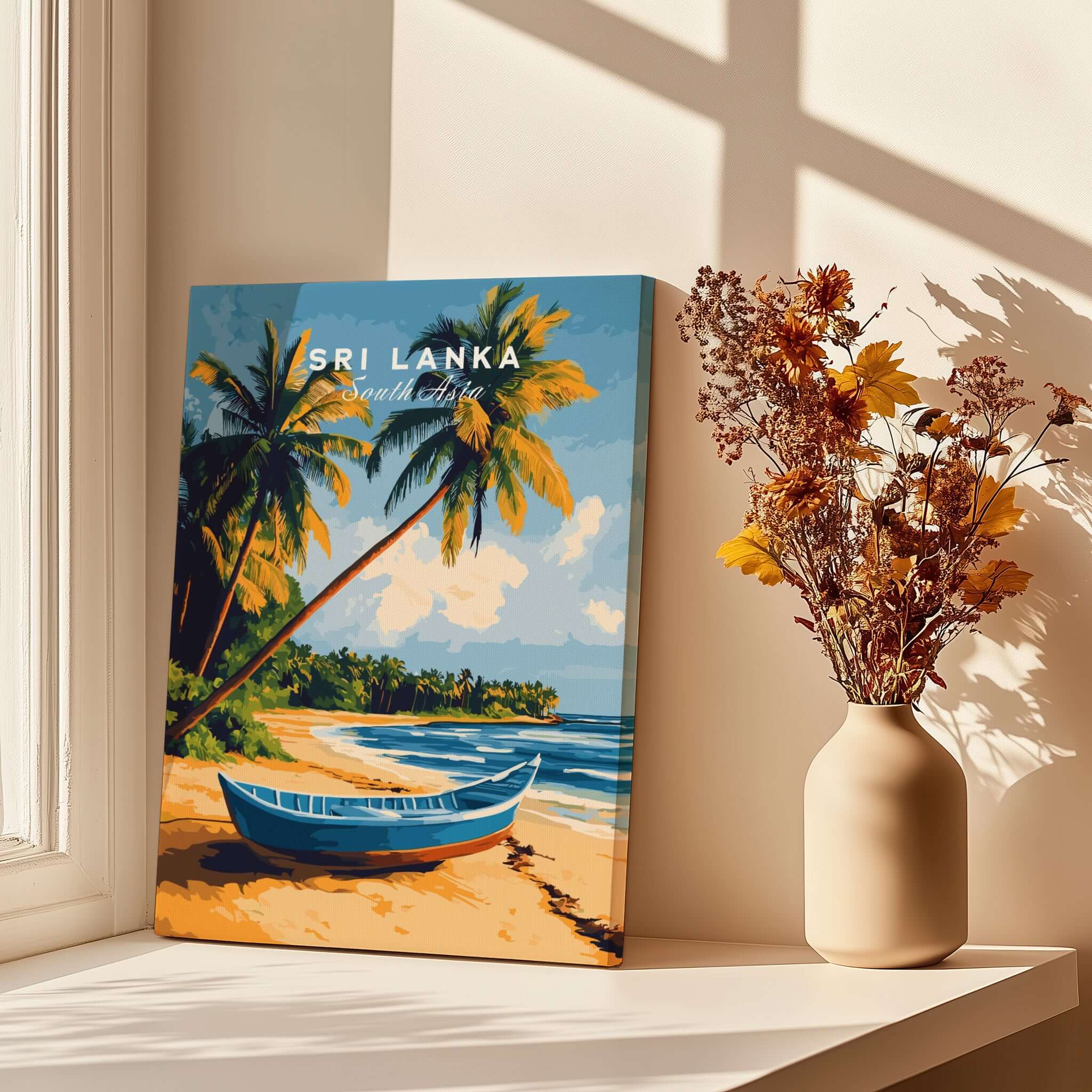 Sri Lanka Beach Scene Art - Tropical Island Print, Palm Tree Wall Decor showcasing a serene beach with a boat and palm trees.