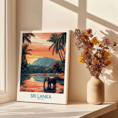 Sri Lanka Nature Art - Elephant in River Poster, Tropical Wildlife Print on display with sunset and palm trees.
