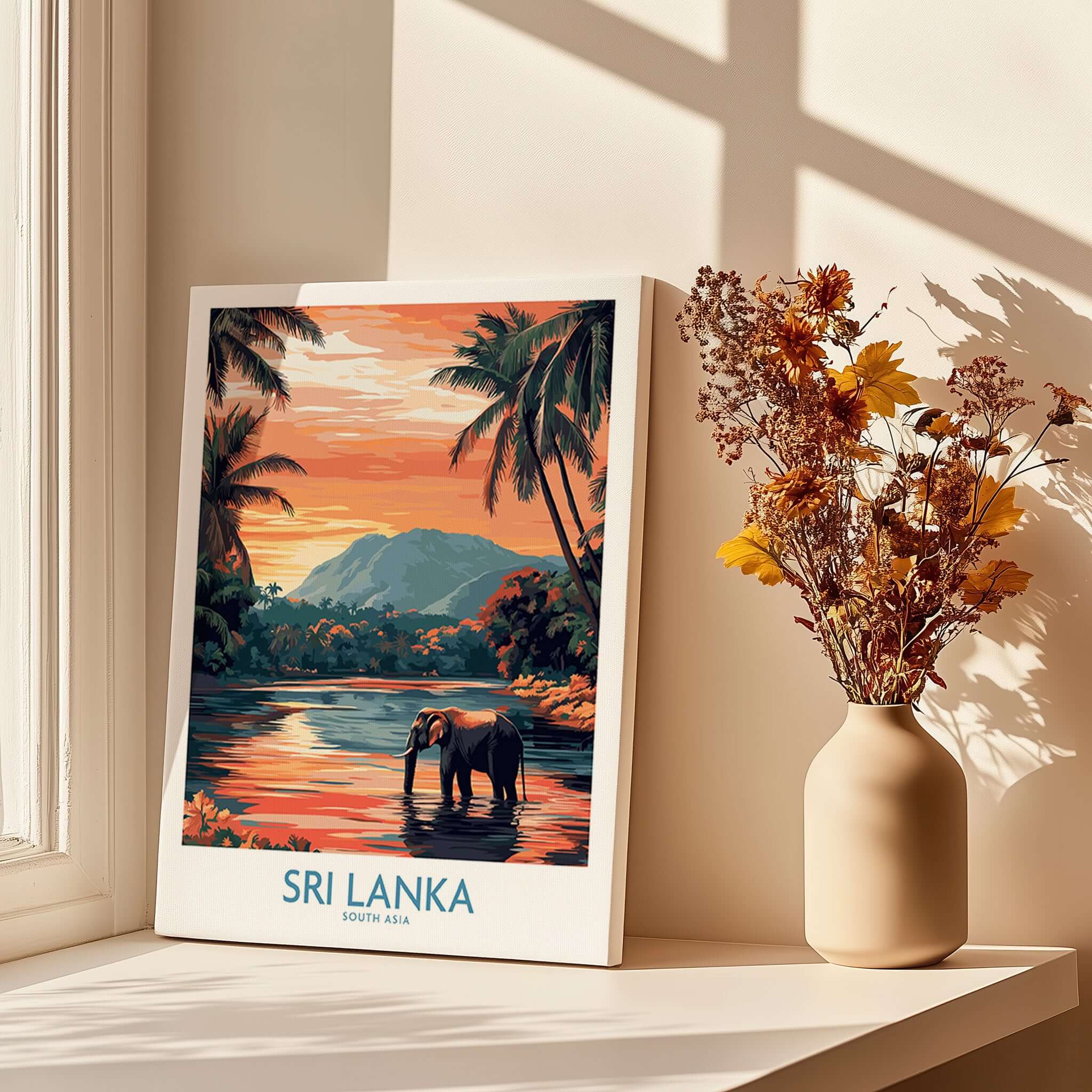 Sri Lanka Nature Art - Elephant in River Poster, Tropical Wildlife Print on display with sunset and palm trees.